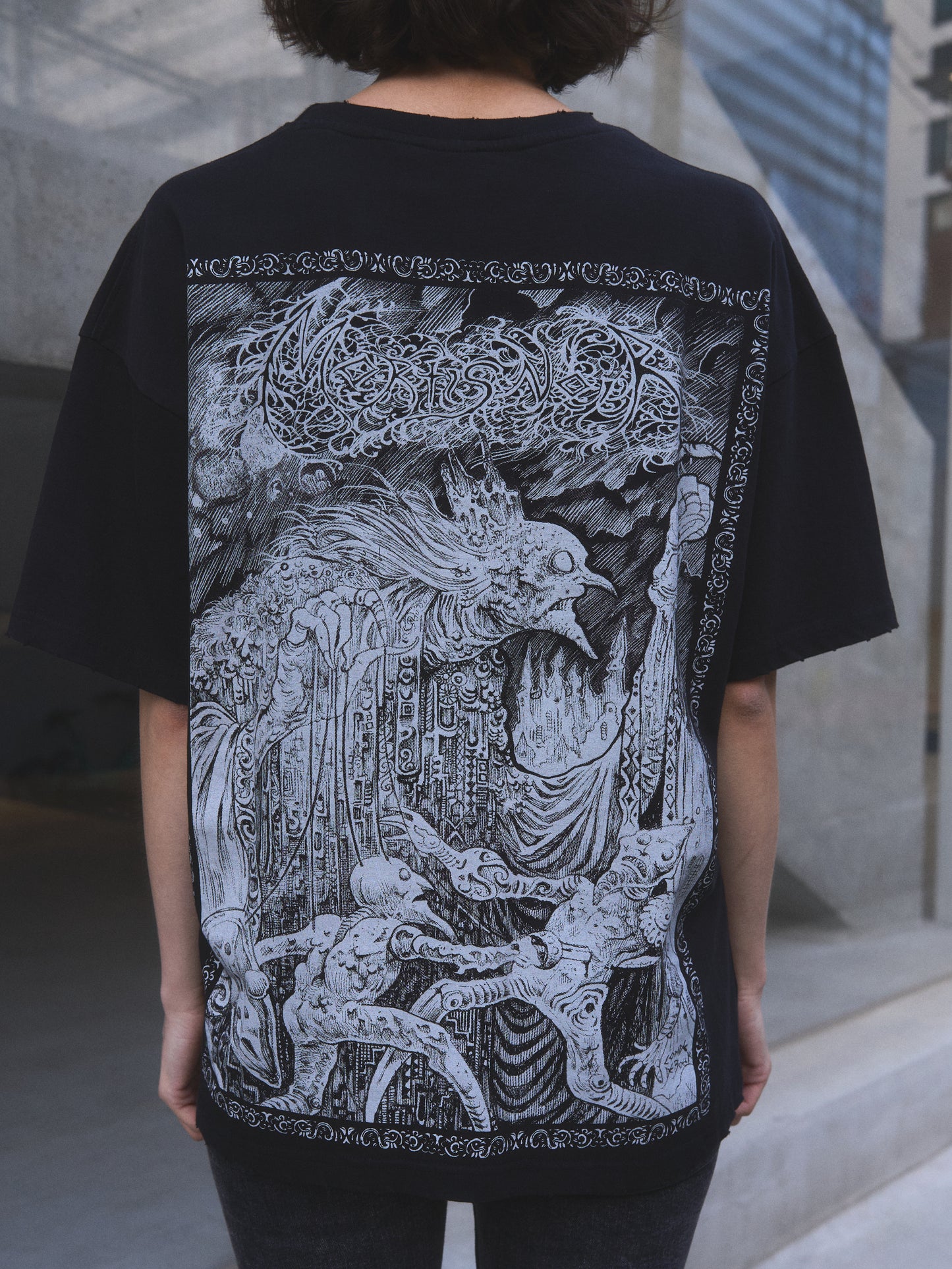 Puppet Master oversized t-shirt — close-up of hand-distressed finish and graphic detail