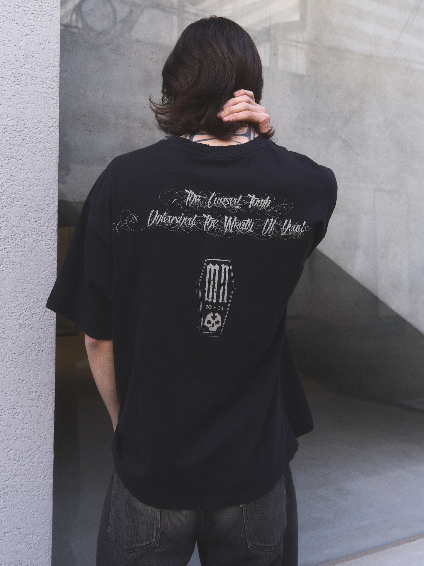Back From Dead oversized t-shirt — back detail of gothic silk-screen graphic