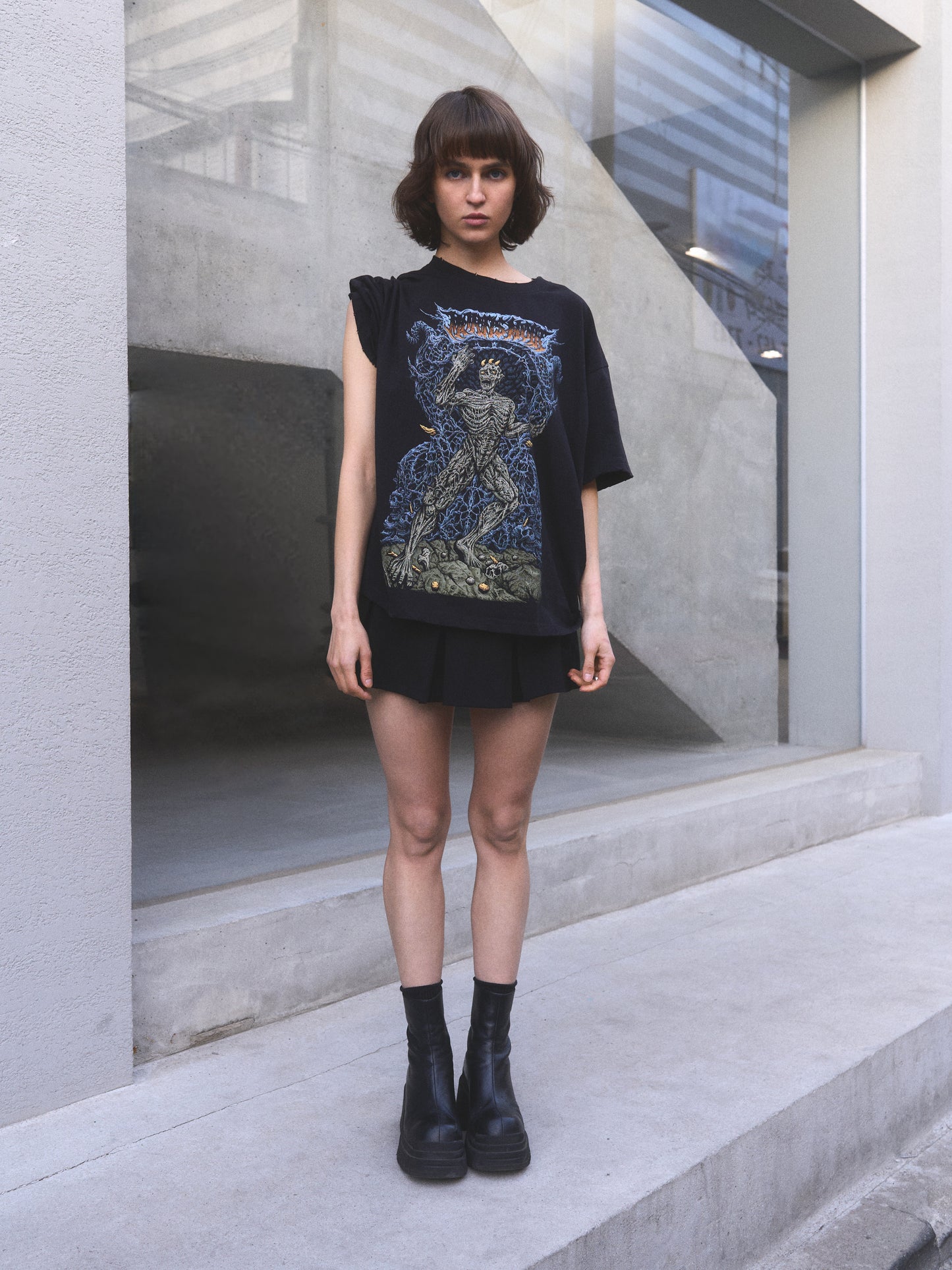 Back From Dead oversized t-shirt — close-up of hand-distressed collar and silk-screen print