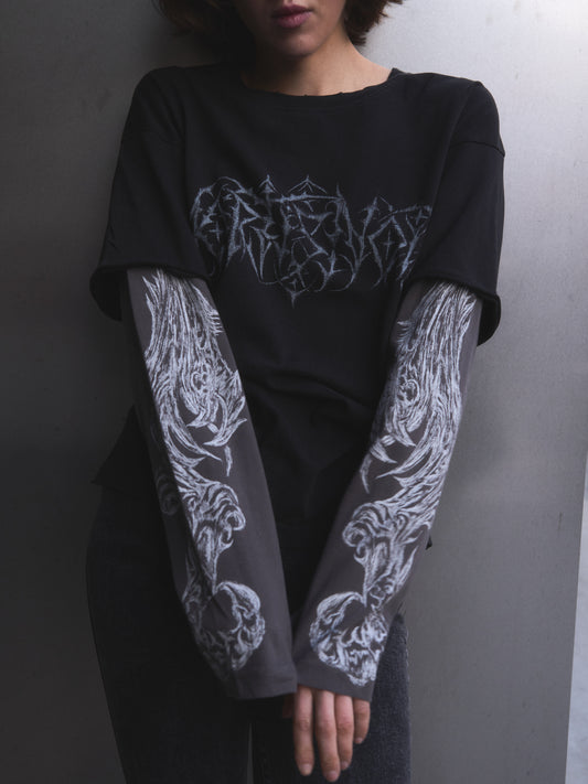 Demonic Heraldry oversized t-shirt — title image showing silk-screen occult sigil graphic on black cotton