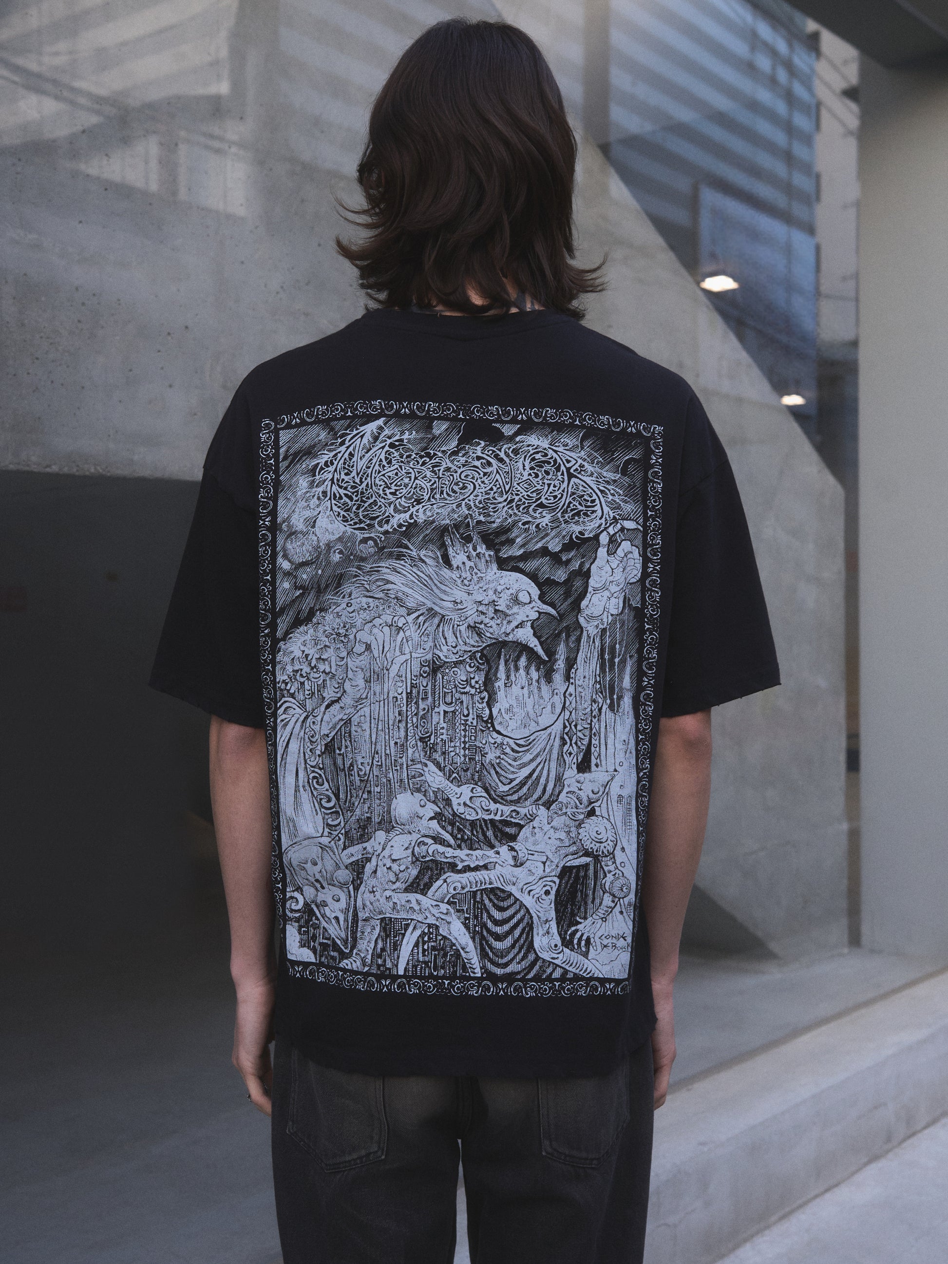 Puppet Master oversized t-shirt — front view of silk-screen gothic graphic on black heavyweight cotton