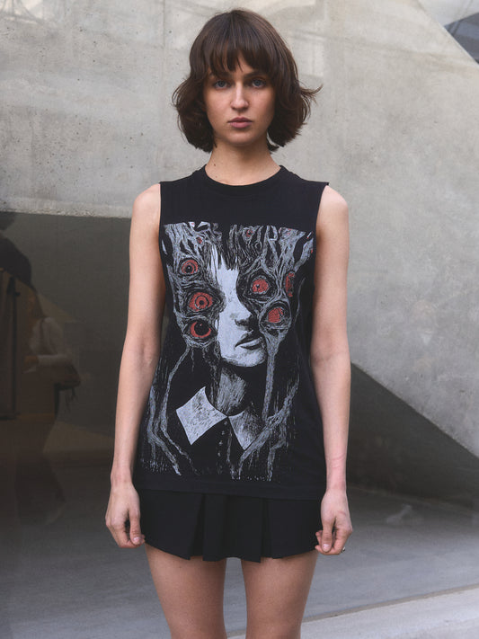 All Eyes On Me tank — front view of silk-screen graphic on black cotton